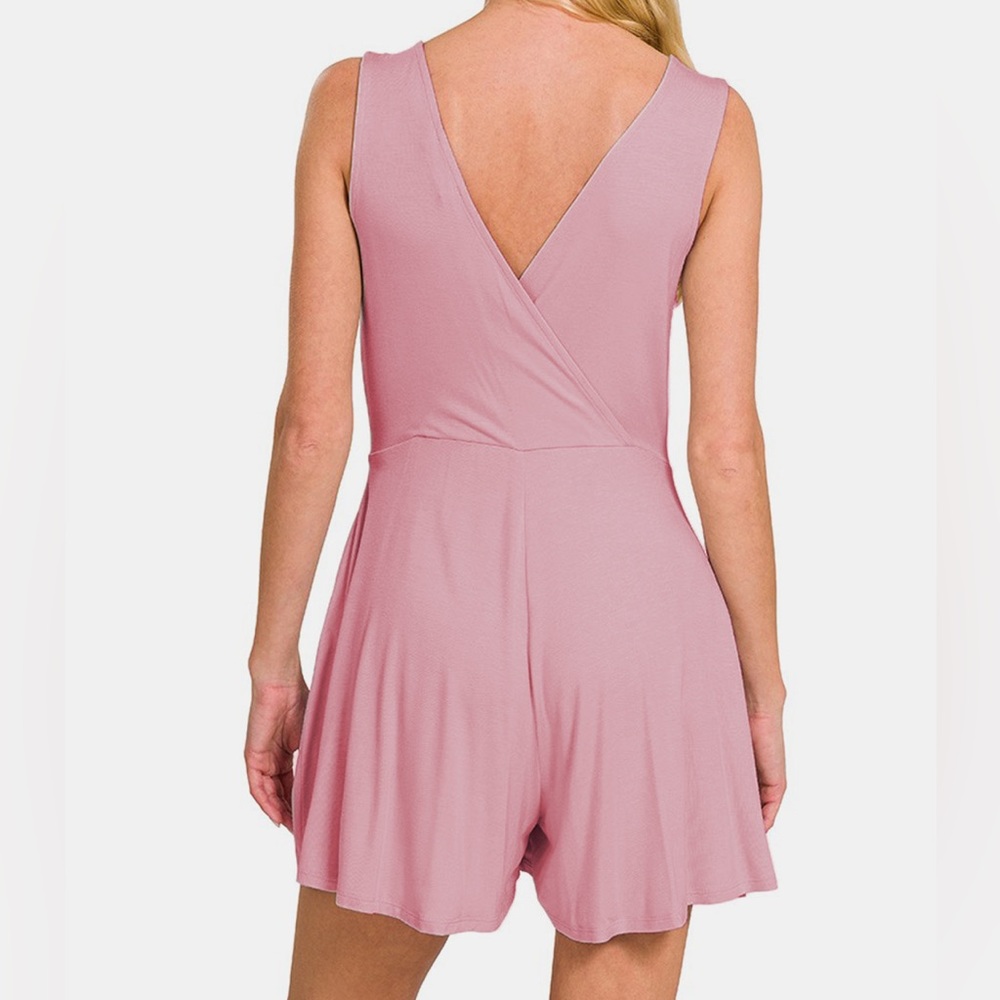 NEW Zenana Pastel Pink Wrap Neckline Sleeveless Wide Leg Romper - Picture 3 of 3